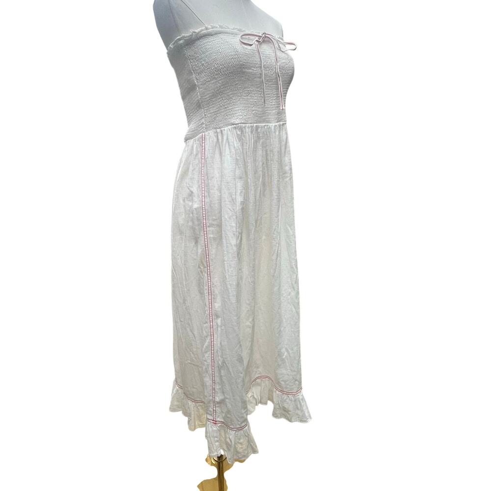URBAN OUTFITTERS COTTON GAUZY MIDI DRESS SMOCKED BODICE WHITE RED STITCHING SZ L
